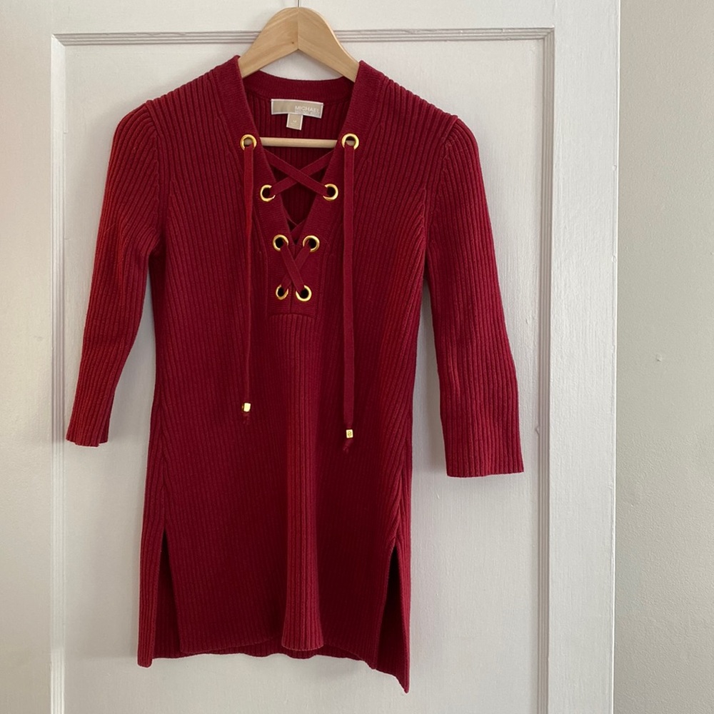 MICHAEL Michael Kors Red Ribbed Lace Up V Neck Sweater